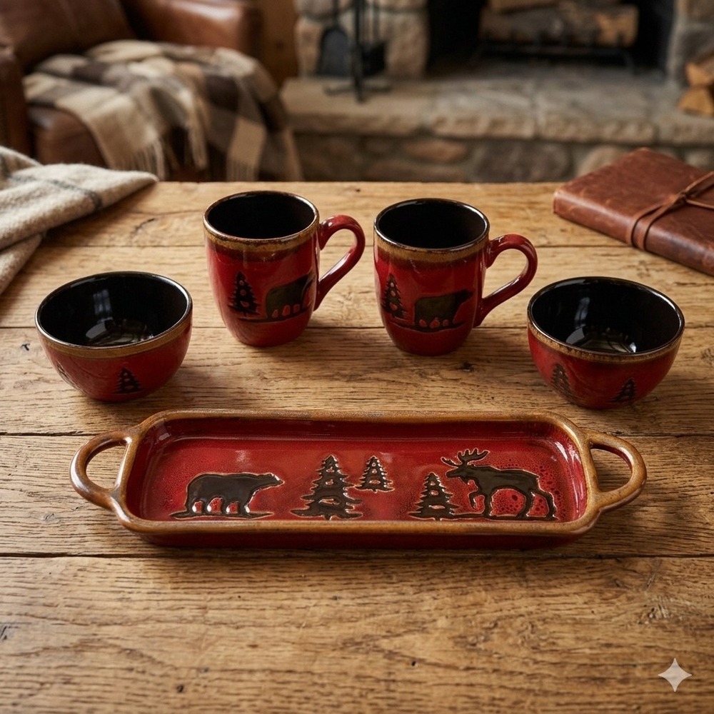 Woodland Collection Bear Moose Cabin Lodge Rustic Serving 5pc: Tray, Mugs, Bowls